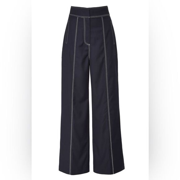 Acler wide leg trouser pants navy high-waisted with white stitching US 6